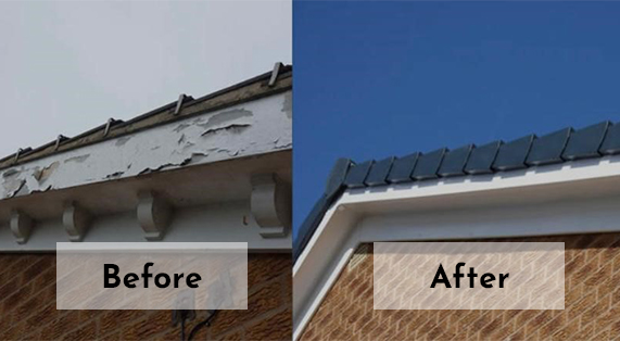 Before and after image of a roof edge